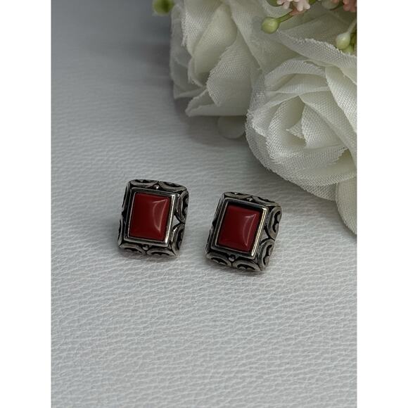 925 Sterling Silver Vintage Real Carnelian Modernist Round  Vintage 925 Sterling Silver Carnelian Earrings Length 0.52 Inch